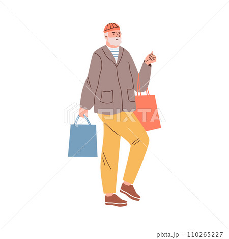 Happy bearded man walking with shopping bags, smiling guy in cap carrying purchases, vector shopping illustration 110265227