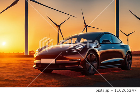 Electric Car in field with Wind turbines. EV electric car in Eolic park windpower. 110265247