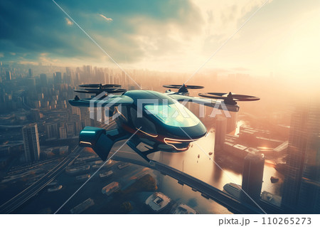 Flying car in sky. Electric air car flight above a cityscape. Flying car in sky. Electric air car flight above a cityscape. 110265273