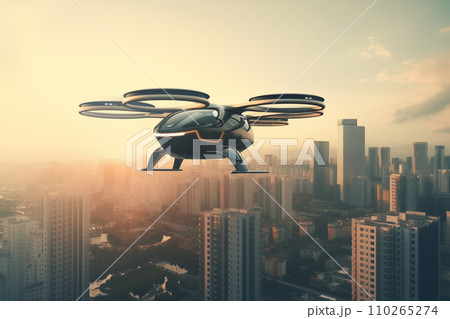 Flying car in sky. Electric air car flight above a cityscape. 110265274