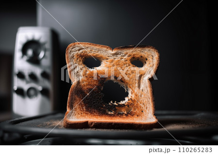 Burnt toast with an angry face expressing the emotion of sadness or sarcasm. Burnt toast with an angry face expressing the emotion of sadness or sarcasm. 110265283