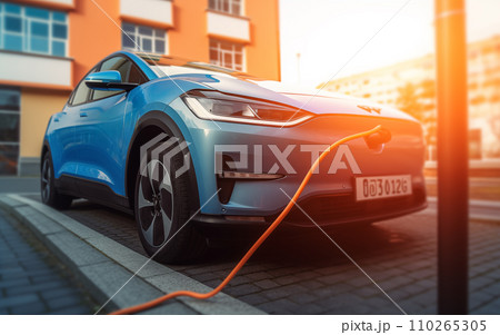 Electric Car on Charging. Charge an Electric Car. Powered car charging station. 110265305
