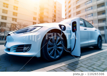 Electric Car on Charging. Charge an Electric Car. Powered car charging station. 110265306