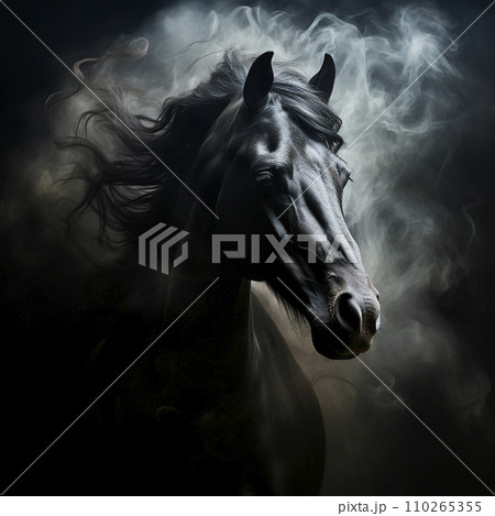 Head of a black horse with a flowing mane, portrait, close-up on black, unusual animal 110265355