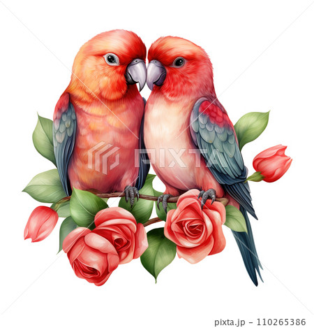 Lovebird sitting on a branch with roses. AI generated image 110265386