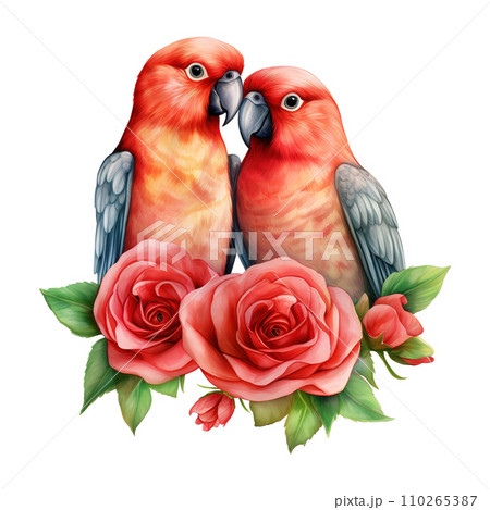 Lovebird sitting on a branch with roses. AI generated image Lovebird sitting on a branch with roses. AI generated image 110265387