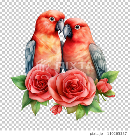 Lovebird sitting on a branch with roses. AI generated image Lovebird sitting on a branch with roses. AI generated image 110265387