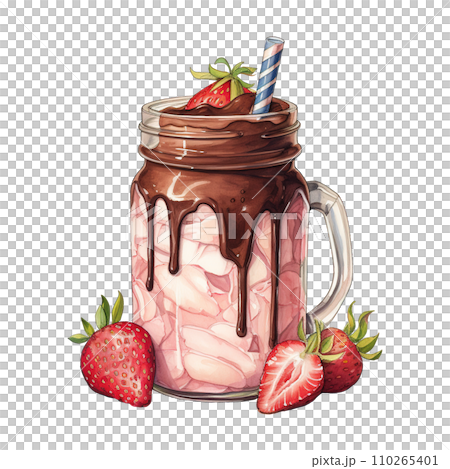Chocolate milkshake with strawberries and a straw 110265401
