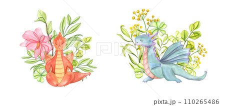 Dragons practicing fitness exercises among spring herbs. Blooming yellow, pink flowers, green young plants. Animal standing in triangle pose. Yoga. Watercolor illustration isolated on white. 110265486