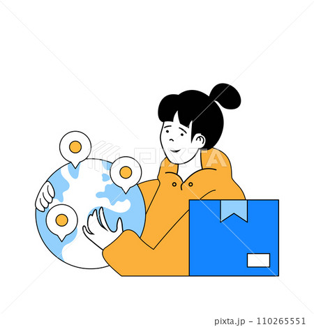Delivery concept with cartoon people in flat design for web. Woman using parcel shipment at all over the world and tracking route. Vector illustration for social media banner, marketing material. 110265551
