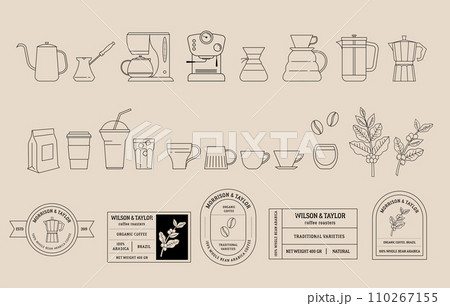 Coffee, coffee shop and cafe collection of illustrations. Coffee beans, plants, cups, coffeepot Coffee, coffee shop and cafe collection of illustrations. Coffee beans, plants, cups, coffeepot 110267155