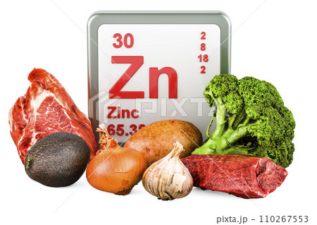 Products containing Zinc, Zn. 3D rendering Products containing Zinc, Zn. 3D rendering 110267553