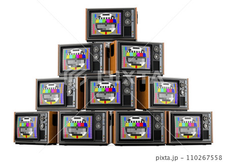 Stack of vintage TV sets with test card TV, 3D rendering 110267558