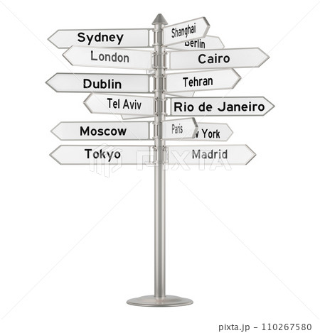 Route direction with different cities. Signpost with names of cities, 3D rendering 110267580