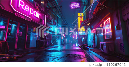 Cyberpunk neon city at night, dark street with robot repair workshop. Urban landscape with futuristic buildings and purple light. Concept of dystopia, technology and future Cyberpunk neon city at night, dark street with robot repair workshop. Urban landscape with futuristic buildings and purple light. Concept of dystopia, technology and future 110267941