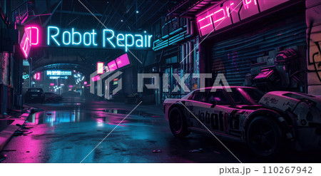 Cyberpunk neon city street at night, dark grungy alley with robot repair workshop. Urban scene with futuristic buildings and purple light. Concept of metaverse, dystopia and future 110267942