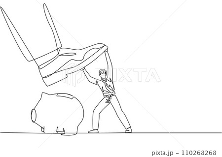 Single continuous line drawing businessman holds back giant foot wants to step on piggy bank. Protects against further damage. Want to take company asset savings. One line design vector illustration Single continuous line drawing businessman holds back giant foot wants to step on piggy bank. Protects against further damage. Want to take company asset savings. One line design vector illustration 110268268