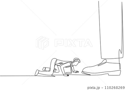 Continuous one line drawing businessman kneels and licks giant foot. Submissive. Licker. Mischievous in the company. Selfish. Destroying team cohesion. Single line draw design vector illustration 110268269