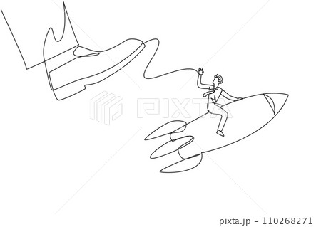 Single continuous line drawing businessman riding a rocket flies away from the giant foot. Redirection. The struggle to keep the business flying high. Profitable. One line design vector illustration 110268271