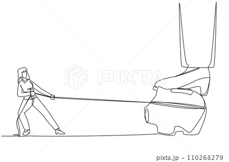 Single continuous line drawing businesswoman tries to take the piggy bank stepped on by giant foot. Taking investment rights. Fight for better life. Struggle. One line design vector illustration Single continuous line drawing businesswoman tries to take the piggy bank stepped on by giant foot. Taking investment rights. Fight for better life. Struggle. One line design vector illustration 110268279