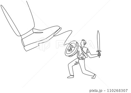 Continuous one line drawing businessman tries to ward off the giant foot that wants to step on him. Big investor destroy market prices. Preventive measure. Single line draw design vector illustration 110268307
