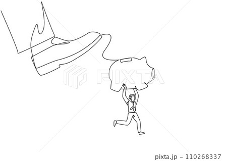 Continuous one line drawing businessman carrying piggy bank run away from giant foot. Saving asset. Save company's future. For a better life in retirement. Single line draw design vector illustration Continuous one line drawing businessman carrying piggy bank run away from giant foot. Saving asset. Save company's future. For a better life in retirement. Single line draw design vector illustration 110268337