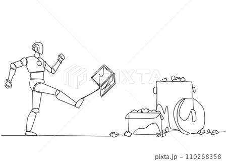 Continuous one line drawing emotional robot kicked laptop into the trash. Many bugs go wrong when programming artificial intelligence. Future technology. Single line draw design vector illustration 110268358