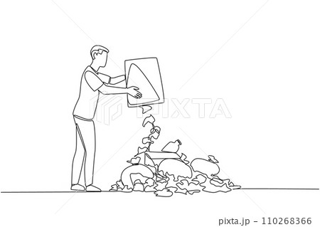 Single one line drawing man throws rubbish into rubbish pile. Environmental care. Throwing rubbish not in proper place. Surrounding air becomes less clear. Continuous line design graphic illustration 110268366