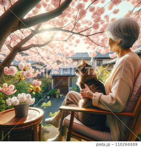 60代女性が猫と暮らす桜の鑑賞風景 110268889