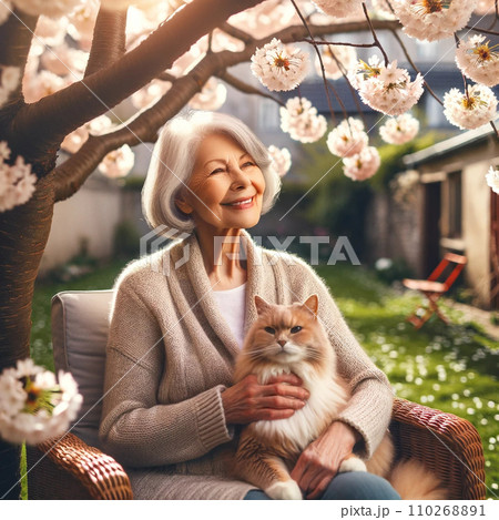 60代女性が愛猫と庭の桜を眺めている様子 110268891