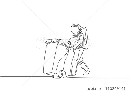 Single continuous line drawing astronaut pushing a trash can filled with wads of paper. Throw away training notes that are no longer used during space expeditions. One line design vector illustration Single continuous line drawing astronaut pushing a trash can filled with wads of paper. Throw away training notes that are no longer used during space expeditions. One line design vector illustration 110269161
