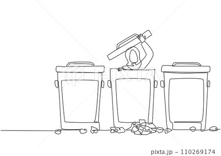 Single continuous line drawing Arabian businesswoman peeking out of trash can, there were lots of wads of paper. Failure in managing business. Stress. Frustrated. One line design vector illustration 110269174