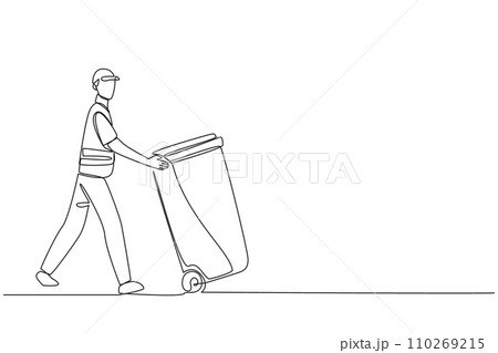 Single one line drawing trash man pushing a wheeled trash can. Side job is volunteering to keep environment clean. Remain highly dedicated. No pollution. Continuous line design graphic illustration Single one line drawing trash man pushing a wheeled trash can. Side job is volunteering to keep environment clean. Remain highly dedicated. No pollution. Continuous line design graphic illustration 110269215