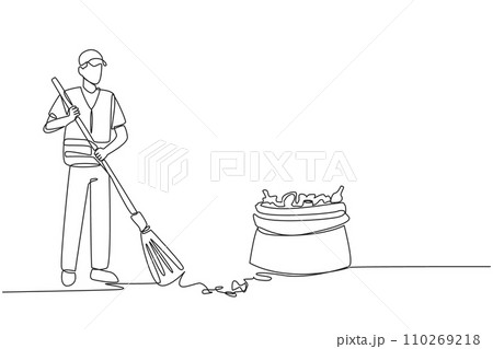 Single one line drawing trash man cleaning trash with broom. Enthusiasm about working to maintain the cleanliness and beauty of nature. Reduce pollution. Continuous line design graphic illustration 110269218