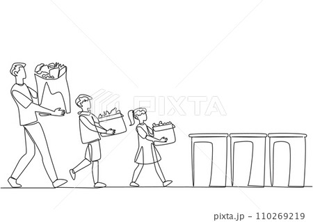Single continuous line drawing man and his son and daughter brought rubbish bags and threw them in the rubbish bin. Teach from early age to keep environment clean. One line design vector illustration 110269219