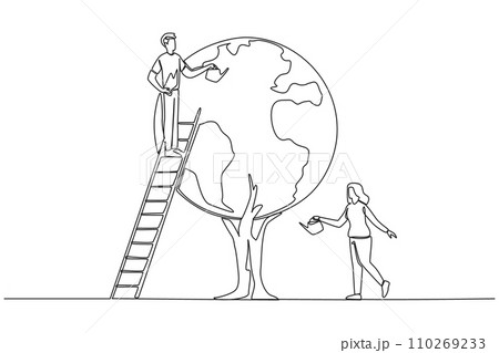 Continuous one line drawing a man climbs a ladder watering a tree whose leaves form a globe. Working together to make the earth keep green. No pollution. Single line draw design vector illustration 110269233