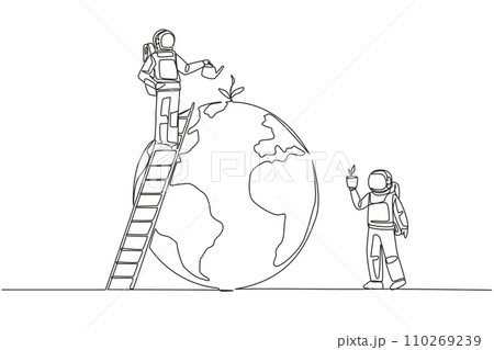 Single continuous line drawing two astronauts work together to green the earth. Plant lots of trees. World environment day. Cosmonaut care the earth. Save planet. One line design vector illustration 110269239