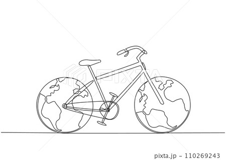 Continuous one line drawing a bicycle with two globes replacing the tires. The concept of a vehicle that is friendly to the earth. Free from pollution. Single line draw design vector illustration Continuous one line drawing a bicycle with two globes replacing the tires. The concept of a vehicle that is friendly to the earth. Free from pollution. Single line draw design vector illustration 110269243