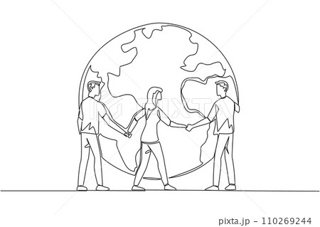 Single one line drawing a group of men and woman standing arm in arm around a globe. Nature lovers community. Preserving environment remains green. Protect. Continuous line design graphic illustration 110269244