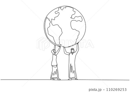 Single continuous line drawing Arab man and Arab woman hold up globe together with both hands. Teamwork makes missions easier. Protect the earth. Save the planet. One line design vector illustration Single continuous line drawing Arab man and Arab woman hold up globe together with both hands. Teamwork makes missions easier. Protect the earth. Save the planet. One line design vector illustration 110269253
