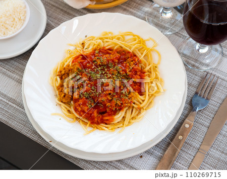 Traditional Italian dish is spaghetti bolognese Traditional Italian dish is spaghetti bolognese 110269715