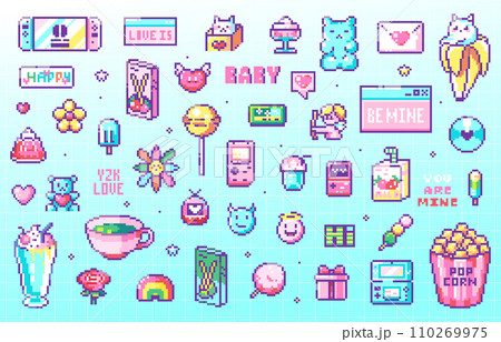 Pixel Art Cute and Love Icons. 8 bit style stickers of Pixelated Cute Digital Stuff - Sweets and Desserts, Beverages and Drinks, Cupid and Love Message, Flowers and Candies, Ice Cream and Snack Vector 110269975