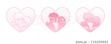 Loving Couple Silhouettes in Heart Shapes. Romantic Valentine's Day Moments. Kissing and Dating in Heart Shapes. Pink Color Gradient Illustration Collection. 110269992