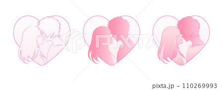Set of Couple Kissing in Heart Shape, Gradient Pattern Background. Anime Style Modern Vector for Logo, Card, Invitation, Poster Design. Valentine Day and Wedding Decorative Print. 110269993