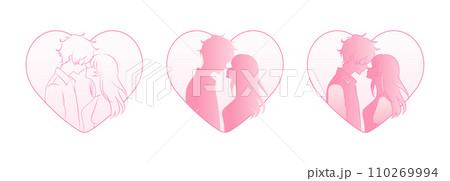 Couple in Love with Heart Silhouette. Romantic Valentine's Day Moments. Vector Illustration Set. Couple in Love with Heart Silhouette. Romantic Valentine's Day Moments. Vector Illustration Set. 110269994