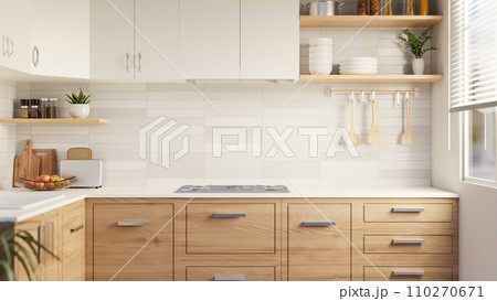 A beautiful modern Scandinavian kitchen with minimal classic wood kitchen cabinet, white tiles wall A beautiful modern Scandinavian kitchen with minimal classic wood kitchen cabinet, white tiles wall 110270671