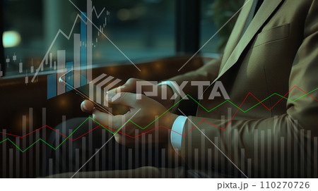 businessman hand with smartphone and bar chart show financial data. business strategy planning and management background concept . generative AI 110270726