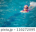 Asian child or kid girl wearing swimming suit to learning on swimming pool , learn and training swim on kick board 110272095
