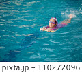 Asian child or kid girl wearing swimming suit to learning on swimming pool , learn and training swim on kick board 110272096
