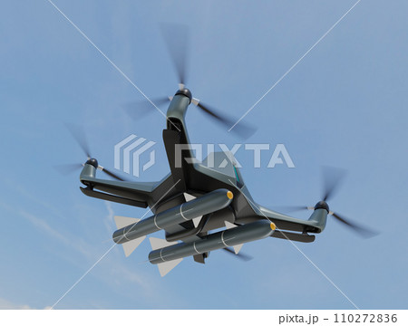 ミサイルを装備しているステルスドローンが空に飛行しているイメージ 110272836